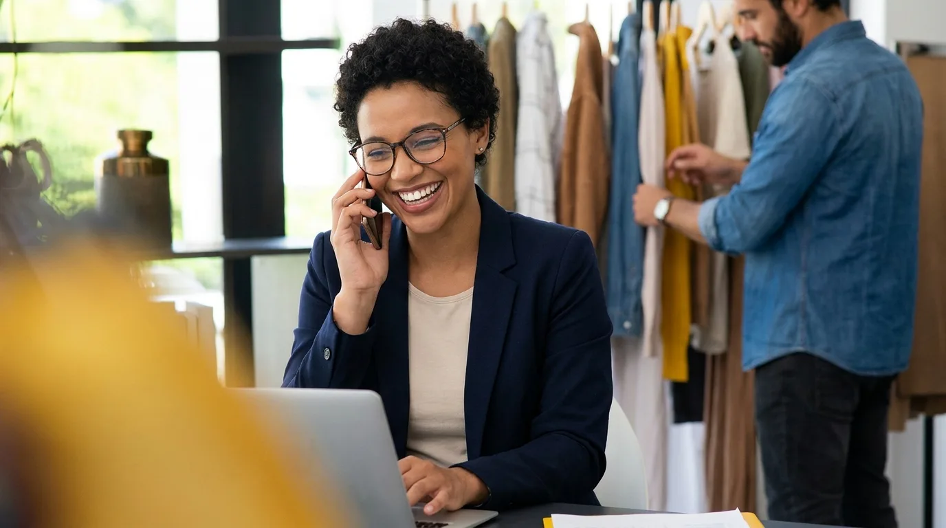A shop manager on the phone at her laptop, supplier paperwork on the desk beside her.