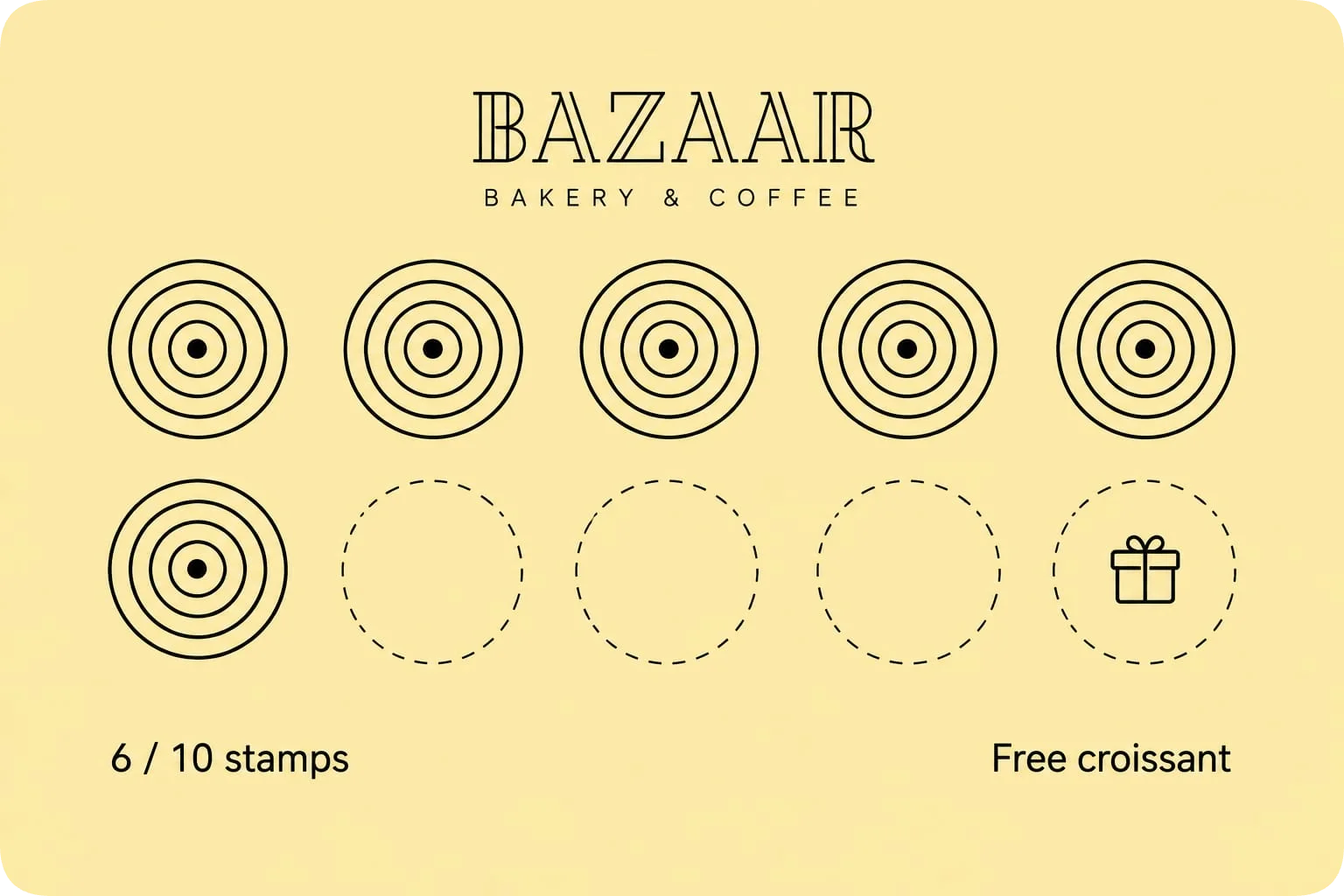 Die Bazaar-Stempelkarte mit sechs von zehn gesammelten Stempeln