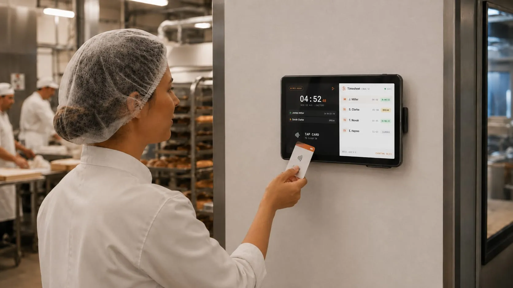 Baker tapping an NFC staff card on the wall-mounted factory tablet